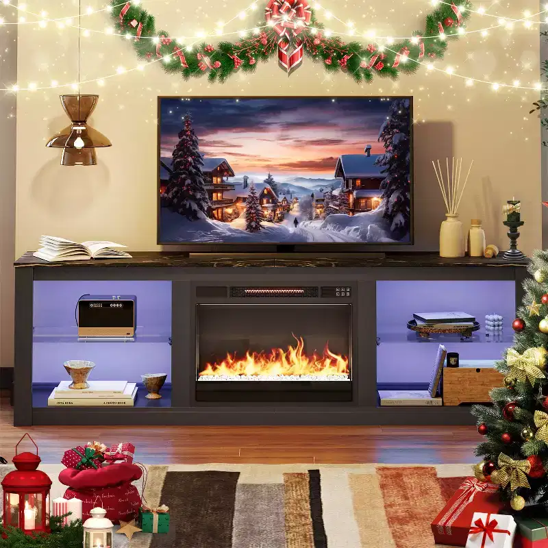Bestier 71 Fireplace TV Stand for TVs Up to 75, LED Modern TV Console Entertainment Center with Electric Heater & Storage Shelves for Living Room
