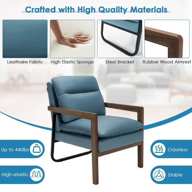 Costway Modern Accent Armchair Lounge Chair w/ Rubber Wood Legs & - 34.5 x 26.5 x 36