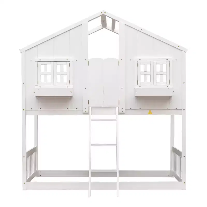 Twin Over Twin House Bunk Pine Wood Bed with Roof Window Box Door Guardrails Ladder Brown for Bedroom