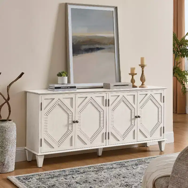 65.2-Inch Mid-Century Modern Sideboard Buffet Cabinet with Storage, Geometric Accent Coffee Bar Wine Cabinet for Living Room or Kitchen