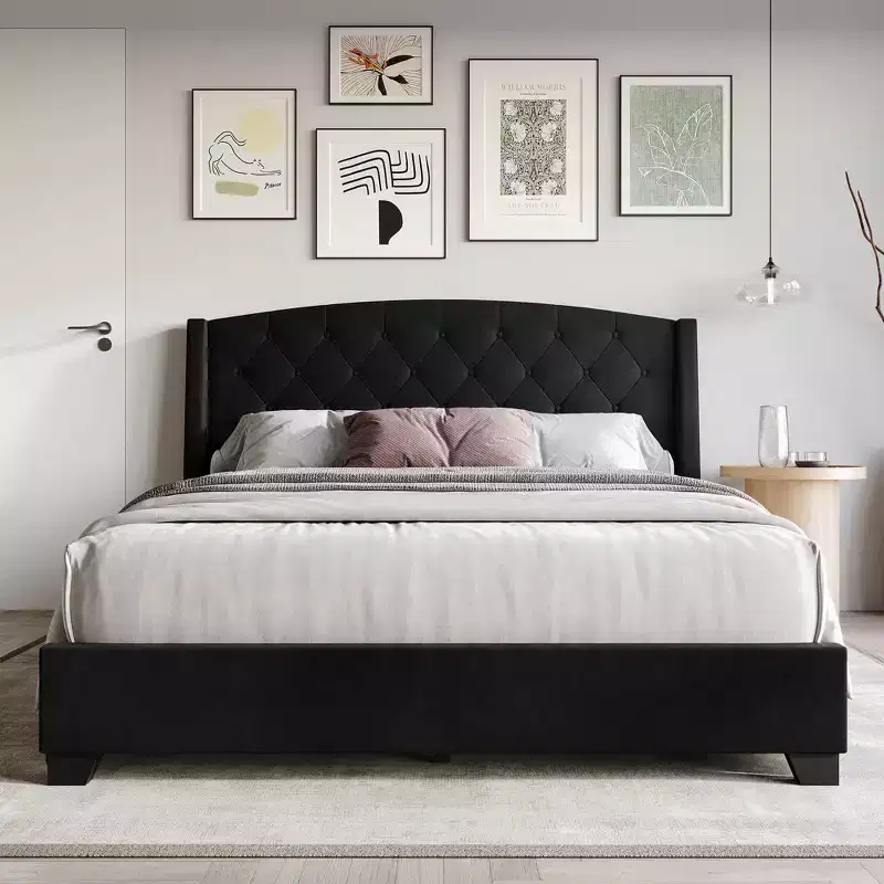 Velvet Platform Bed with Storage Drawers, Wingback Tufted Headboard