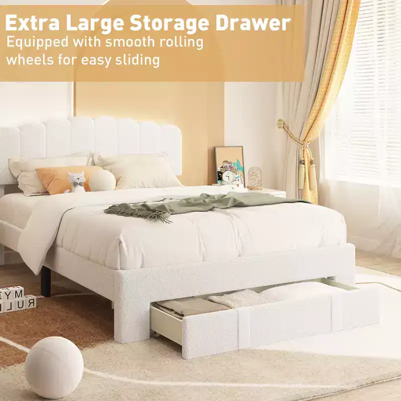 Bestier Modern Upholstered Bed Frame with Wave Headboard, White Ambience Lighting and Extra-Large Storage Drawer