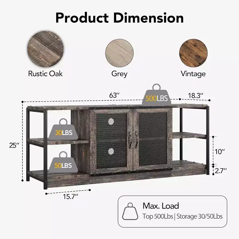 Industrial Farmhouse TV Console - 65+ Media Stand with Mesh Doors & Open Shelves for Living Room