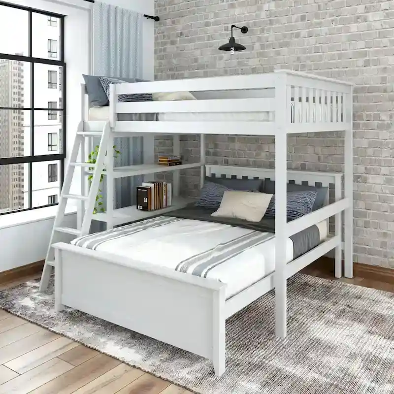 L-Shaped Full over Full Bunk Bed with Bookcase