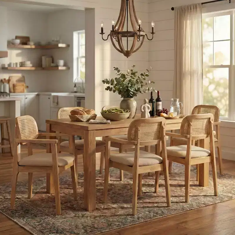 Christopher Knight Home Amaris Mid-Century Modern Wood Upholstered Dining Chair with Rattan-Weave Backrest (Set of 6)