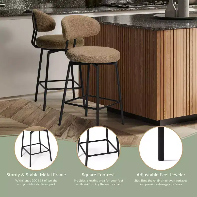 Modern Upholstered Faux Shearling Fabric Counter Height Bar Stools with Back (Set of 2