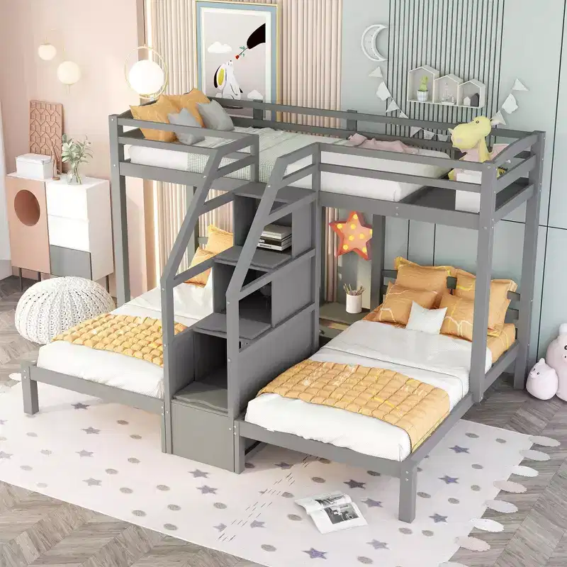 Wood Twin over Twin & Twin Bunk Bed, L Shaped Bunk Bed for 3 Kids, Heavy-Duty Triple Bunk Bed with Storage Drawers, Gray