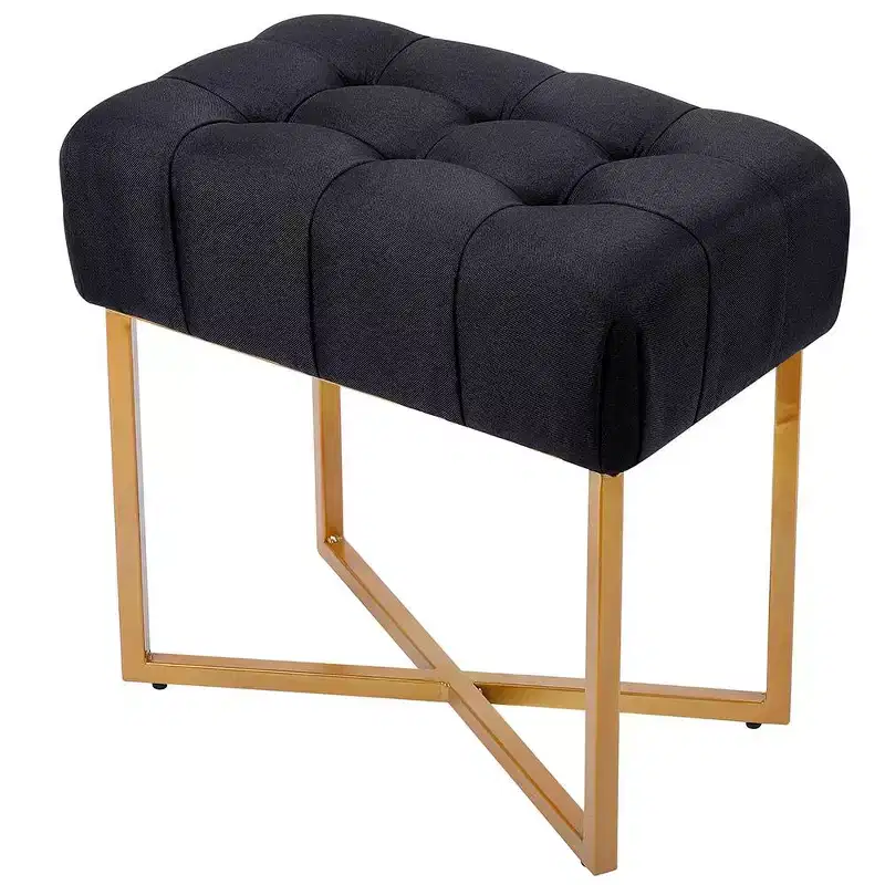 BirdRock Home Rectangular Tufted Black Foot Stool Ottoman with Pale Gold Legs