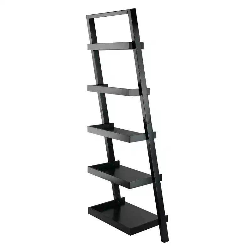 Black 5-Tier Leaning Shelf – Contemporary Wood Bookcase for 1