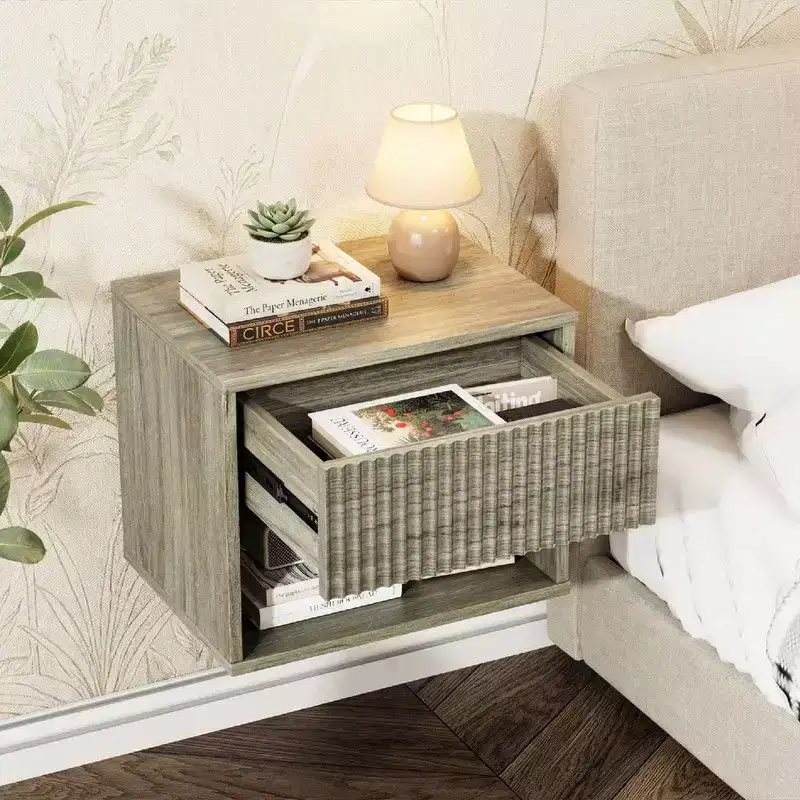 Gray Floating Nightstand with Drawer & Shelf – Set of 2