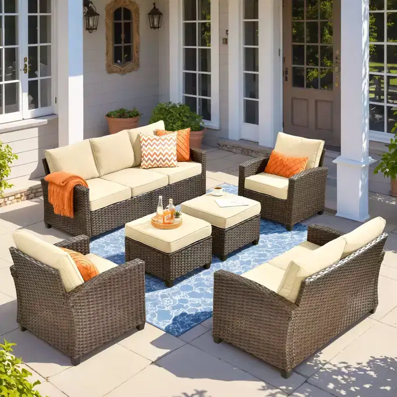 HOMLUX 6 PCS Wicker Patio Conversation Set 3-Seat Sofa with Cushion, Loveseat, Rattan Chairs, Ottomans for Garden Backyard