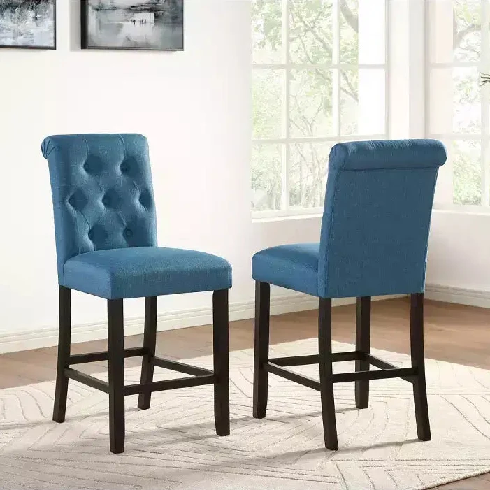 Solid Wood Tufted Counter Height Dining Stool Set of 2, Blue