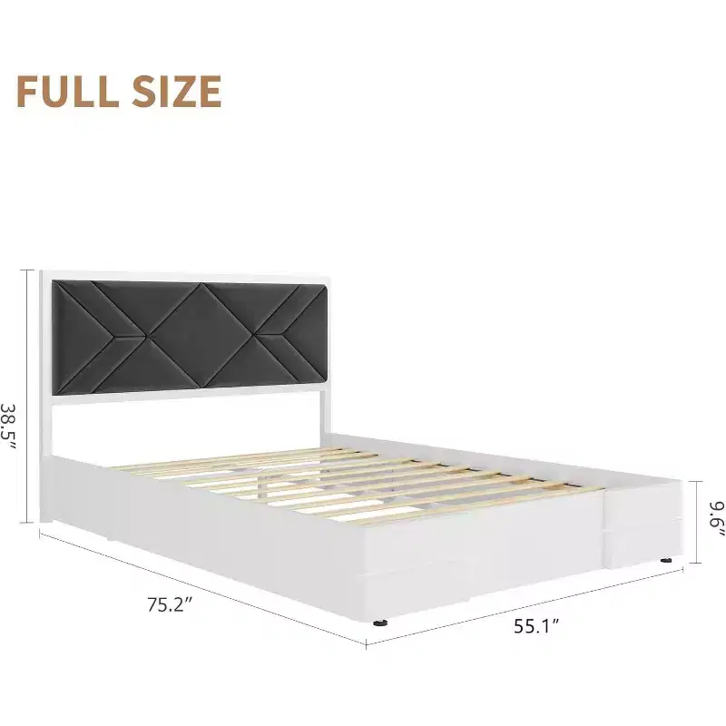 White Full Size Platform Bed with Tufted Upholstered Headboard, for 1-2 Person