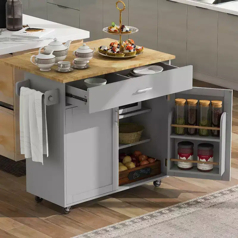 Rolling Kitchen Island with Storage, Kitchen Island on Wheels with Adjustable Shelf Tower Rack, Kitchen Cart with Wood Top and Storage Rack