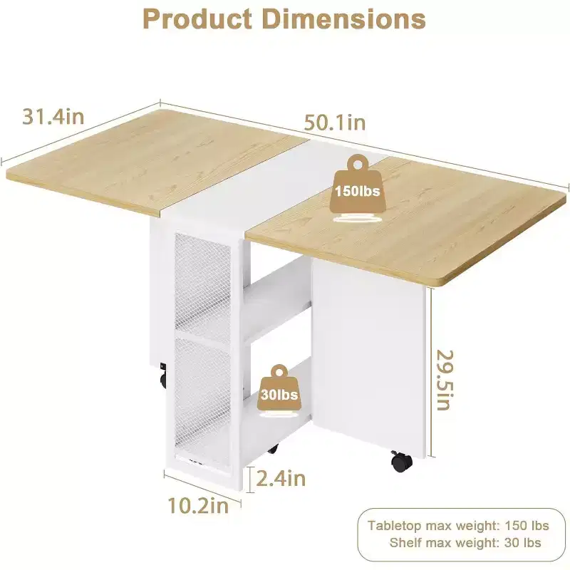 Folding Dining Table, Drop Leaf Dining Table with 6 Wheels and 2-Layer Storage Shelf, Kitchen Table for Small Spaces ( 50.1 D x 31.4 W x 29.5 H)