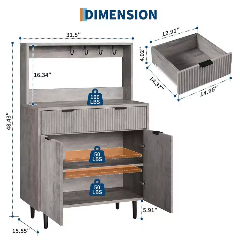 Fluted Sideboard Buffet Cabinet with Storage,Modern Coffee Bar Cabinet with Adjustable Shelves & 2 Drawers,Wood Buffet Console Table for Dining Living