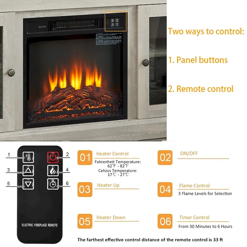 60W Retro Electric Fireplace TV Stand, Adjustable Shelves&Cabinets - 60W*15.75D*29H