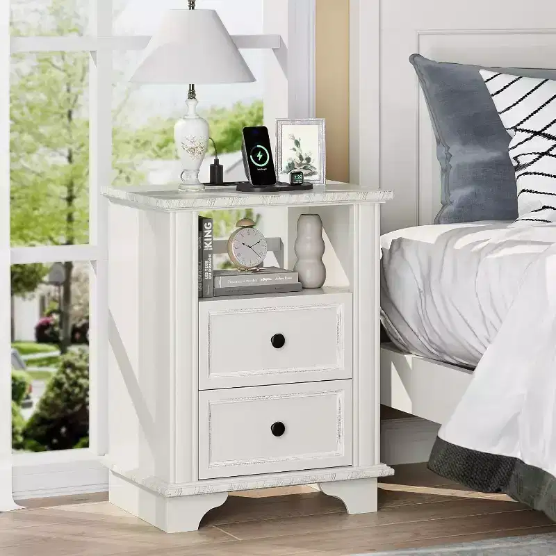 19.7 W Nightstand with Charging Station, White Nightstand with Drawers, Wood Night Stand