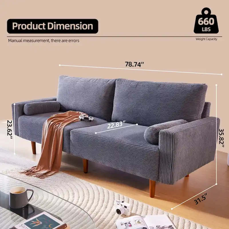 Mid-Century Modern Upholstered Sofa Couch with Rolled Pillows
