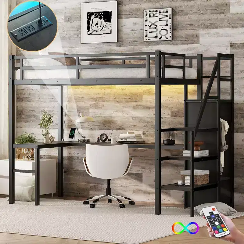 Bellemave Twin XL Loft Bed with L-Shaped Desk, Wardrobe & Stairs, Metal High Loft Bed with USB, LED & Storage Shelves for Kids Teens Adults, Black