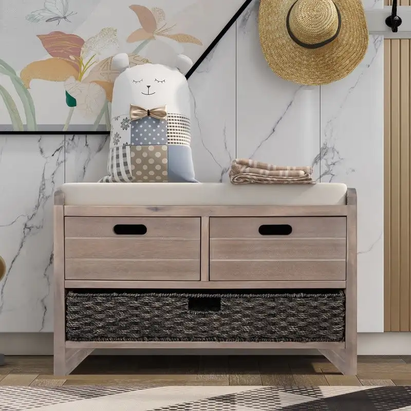 Entry Storage Bench with Cushion, 2 Drawers & Removable Basket – White Washed / White / Navy / Espresso, 1-Person Seating