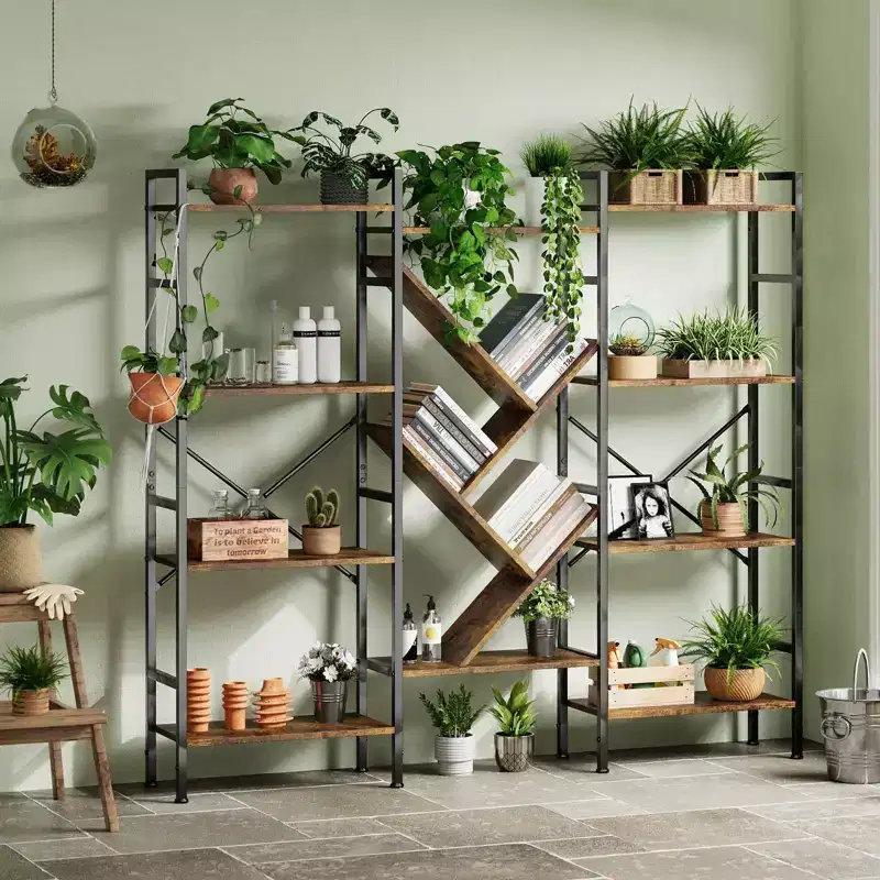 5-Tier Rustic Wooden Bookshelf C A-Black + Retro Finish C Wide Display Shelf for Bedroom/Living Room/Office (1-Pack)