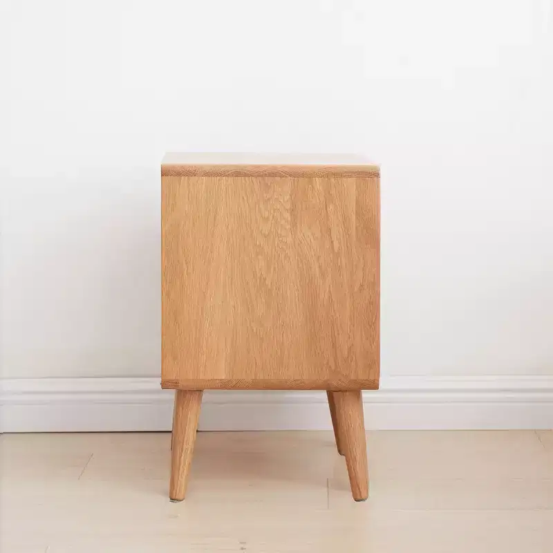 Solid Oak Wood & Rattan Nightstand with Two Drawers, 21.26H Bedside Table