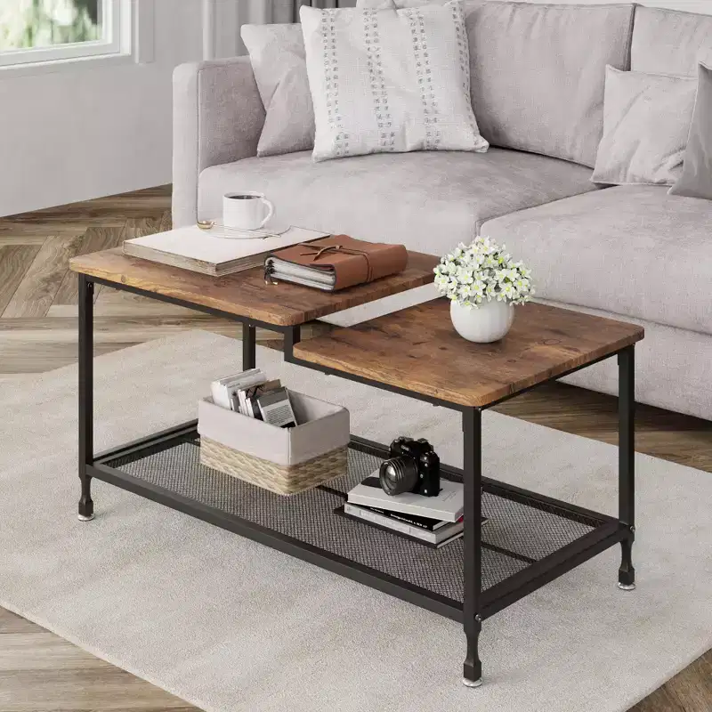 Coffee table, two-tiered rustic center table with grid shelf, industrial style living room table, cocktail table with adjustable feet