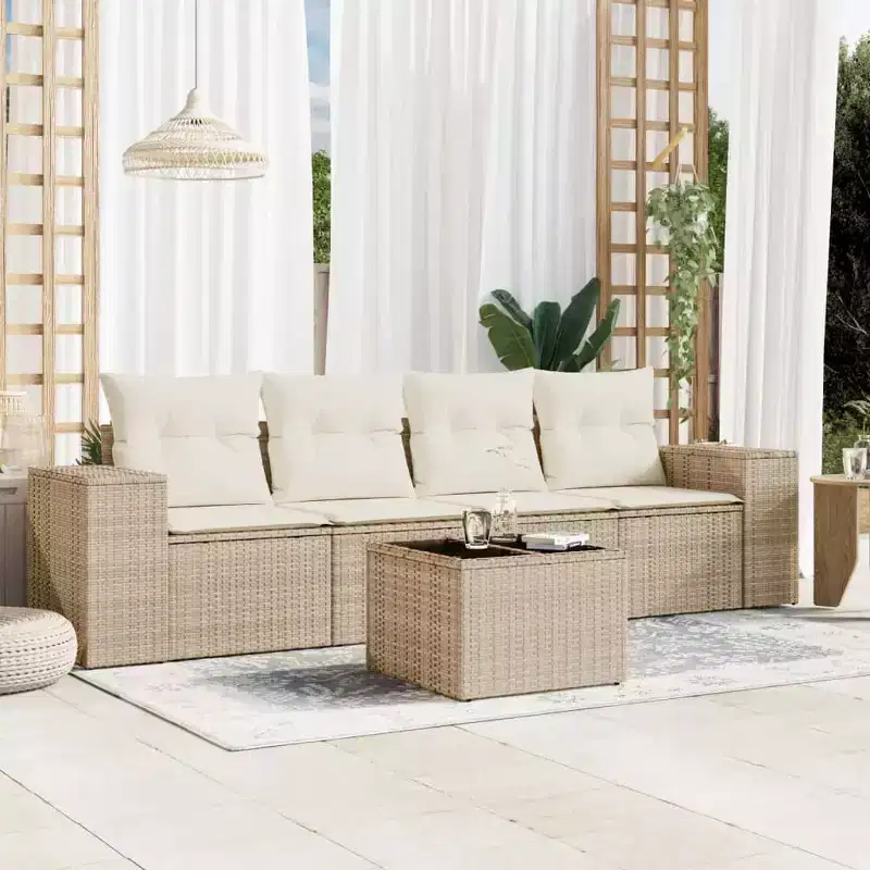 vidaXL 5 Piece Patio Sofa Set with Cushions Beige Poly Rattan