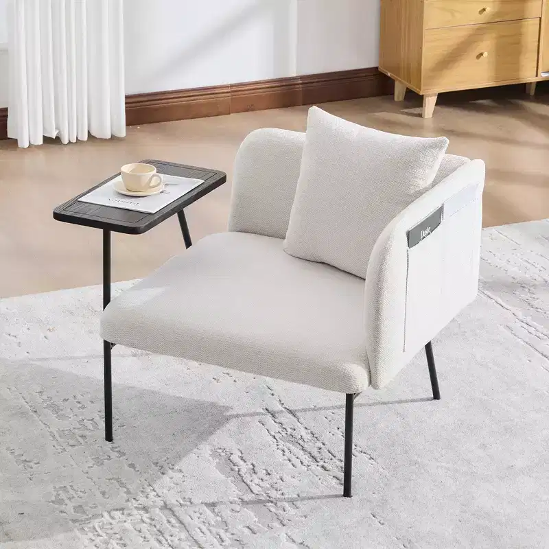 Chenille Upholstered Single Leisure Chair with Built-in Side Table