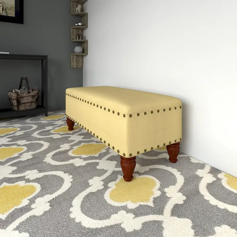 Upholstered Storage Bench with Bronze Nailhead Trim, Hinged Lid & Wood Legs – Multiple Colors