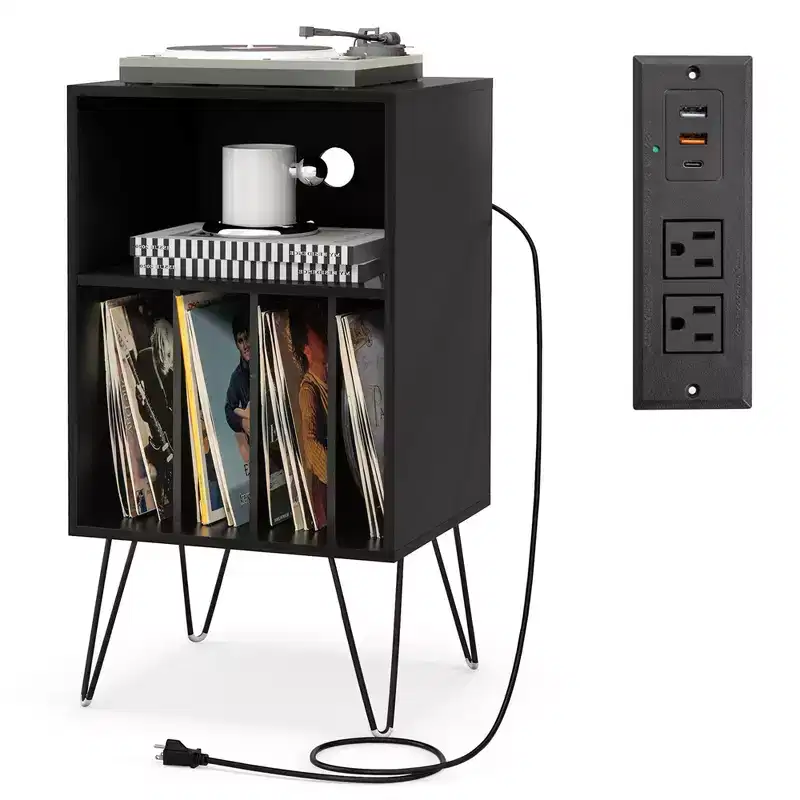 3-Tier Record Player Stand with Charging Station & 4 Dividers – Walnut/Black/Brown