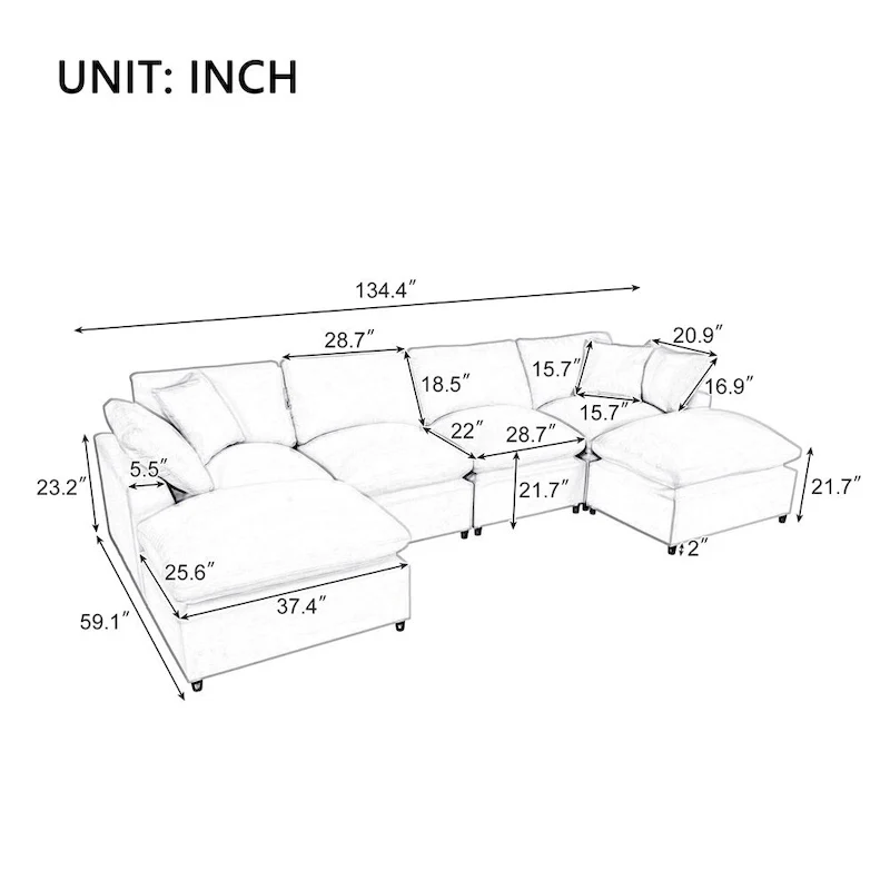 Modern U-Shape Sectional Sofa, 2 Large Chaise with Removable Ottomans