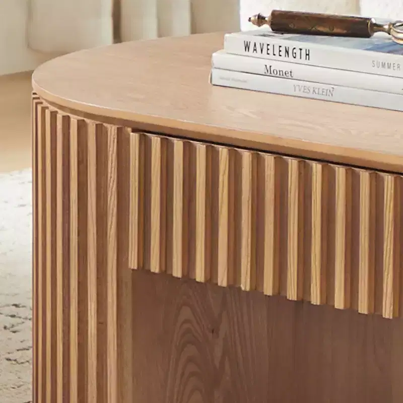 GDFStudio Manuel Modern Wooden Oval Pedestal Coffee Table with Drawer and Handcrafted Relief