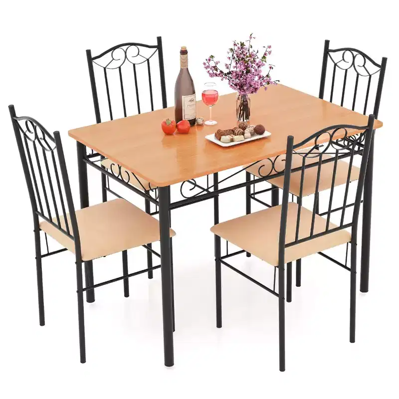 5 PCS Dining Set Wood Metal 30 Table & 4 Chairs Upholstered Kitchen Breakfast Furniture