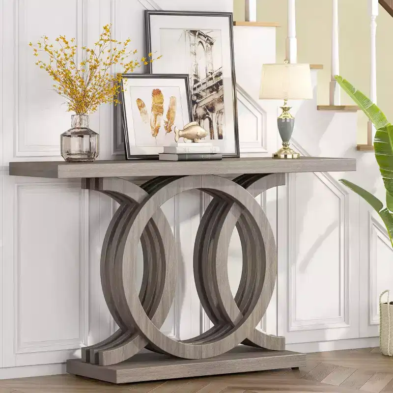 Lantine 55-inch Console Table with Geometric Base, Farmhouse Style, Wooden Hallway/Entryway/Sofa Table for Decoration and Organization (Grey)
