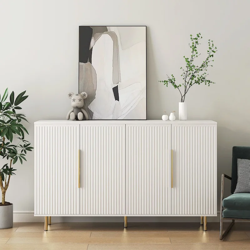 White Modern Buffet Cabinet with Storage, Fluted Sideboard Large Buffet with Adjustable Shelves,Accent Cabinet Console Table