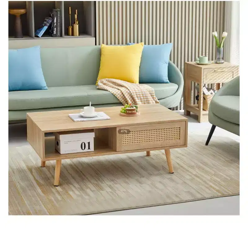 Solid Wood + MDF 41.34 Rattan Coffee Table, Wood Color