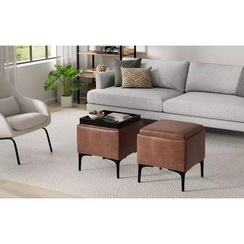 Evianna 18 inch Wide Contemporary Square Mid Century Storage Ottoman with Tray in Distressed Saddle Brown Vegan Faux Leather