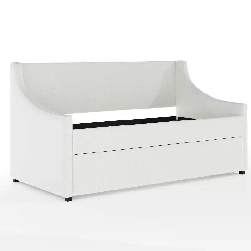 Twin Daybed with Pull-Out Twin Trundle in Off-White Faux Linen