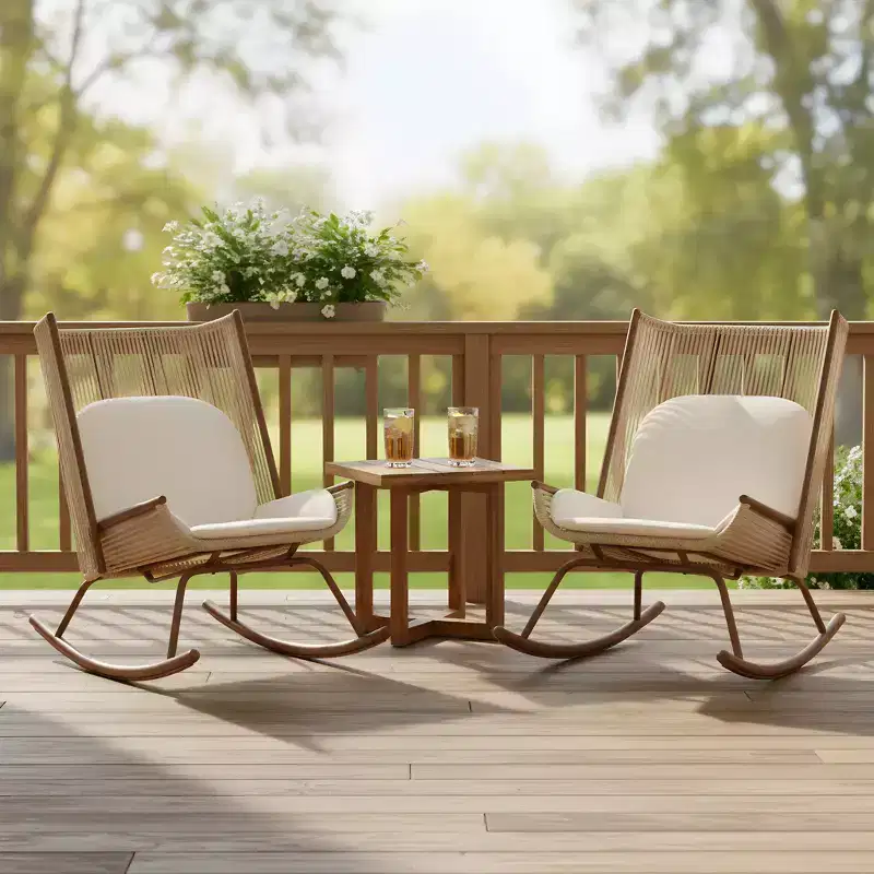 Christopher Knight Home Vijay Farmhouse 3 Piece Patio Dining Set with Acacia Wood Table and Iron Rocking Chairs