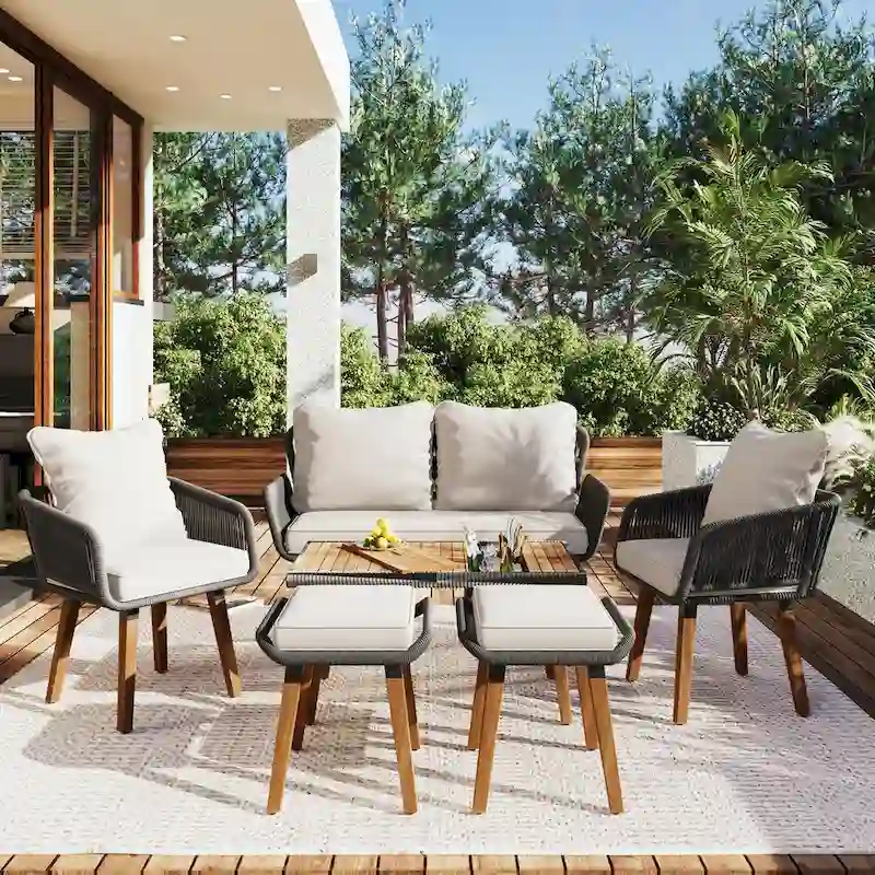 6-Piece Rope Patio Furniture Set with Acacia Wood Cool Bar Table