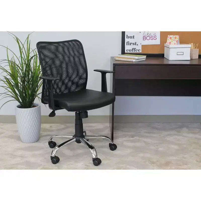 Fixed Arm Budget Mesh Task Chair Black - Boss Office Products: Chrome Base, Pneumatic Lift, Locking Tilt Control