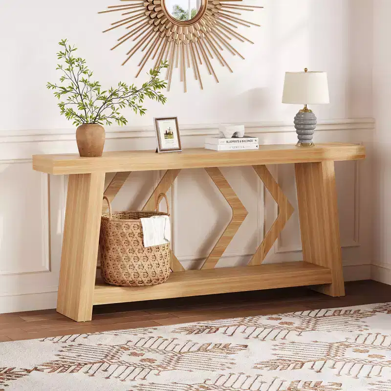 70.9 All-Wood Console Table - 2-Tier Narrow Entryway & Hallway Table - Rustic Brown Farmhouse Sofa Table with Trapezoid Legs