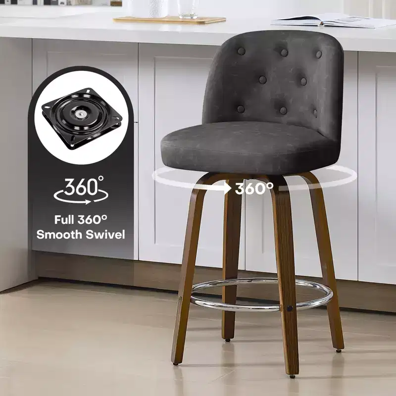 29 Swivel Upholstered Bar Stools, Leather Cushion Seat & Button-tufted Back Design with Bentwood Legs, Dark Grey