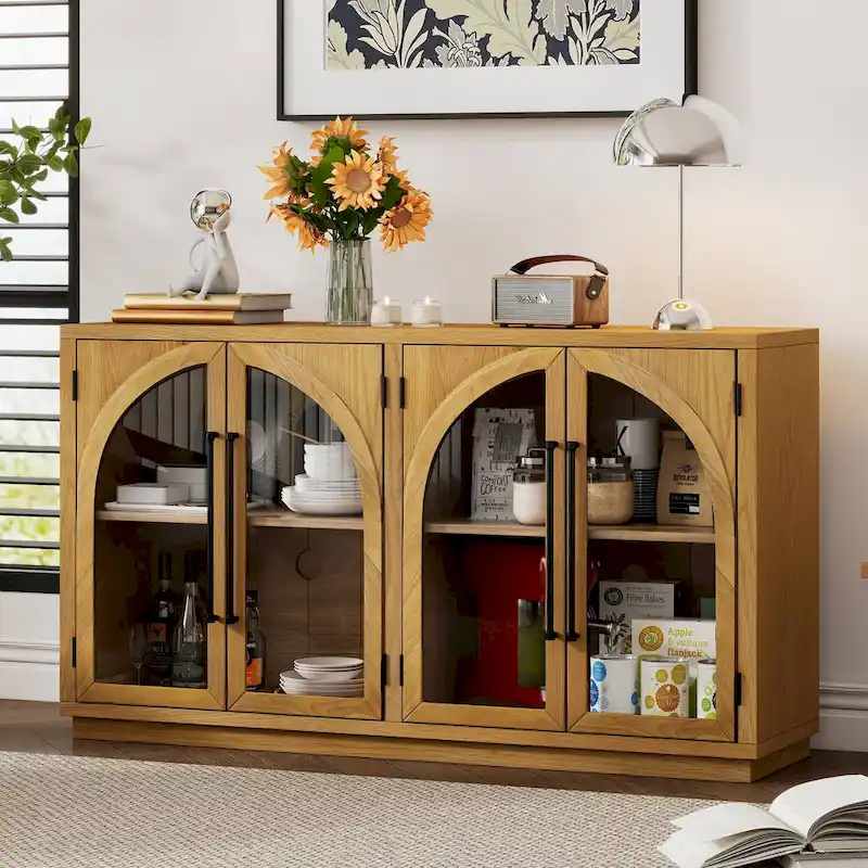 60 Farmhouse 4-Door Large Storage Vintage Sideboard with Metal Handles and Adjustable Shelves