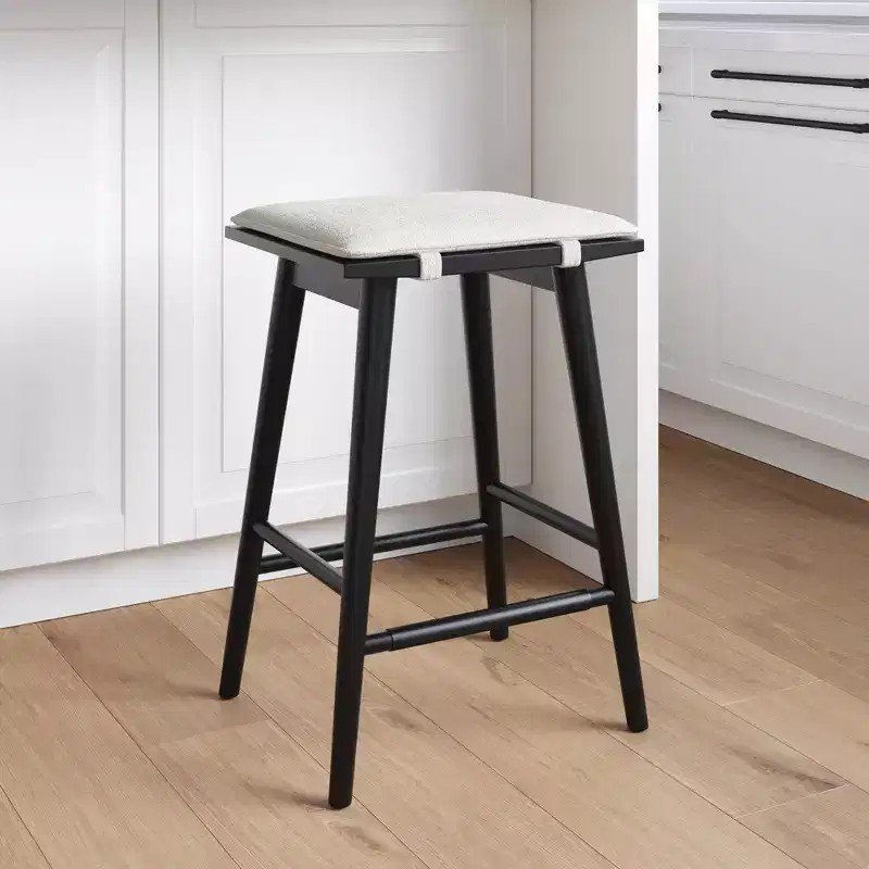 Wood and Boucle Counter Height Barstool Black: Linen Upholstered, 24.8" Tall