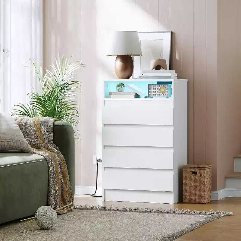 4 Drawer Storage Cabinet with LED Light and Charging Station, White Modern Dresser, Utility Storage Cabinet for Bedroom and Living Room