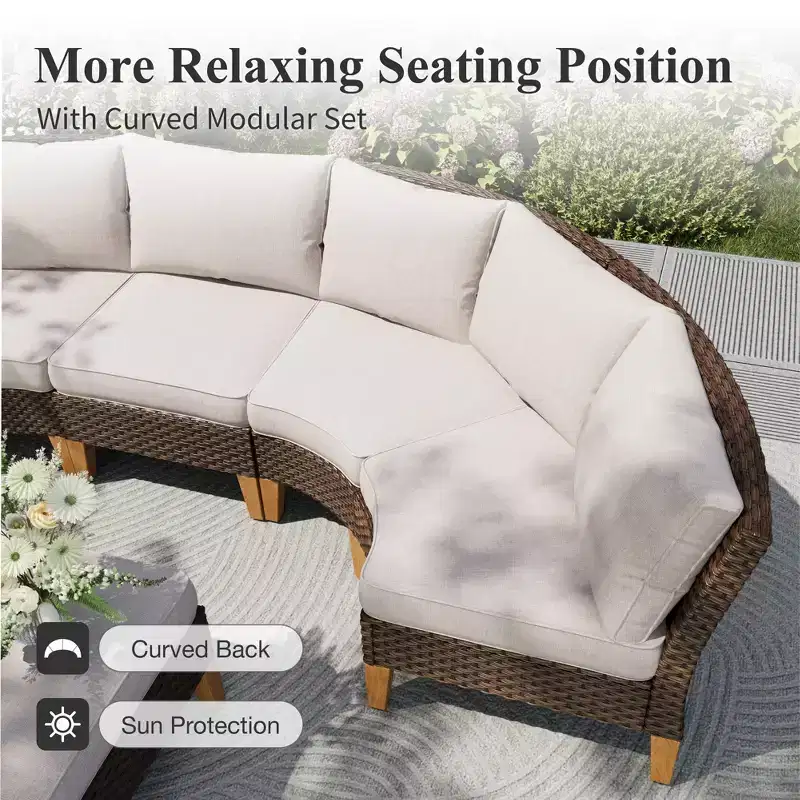 Captiva Designs 11pc Outdoor Wicker Rattan Patio Half-Moon Curved Sectional Sofa Conversation Set with Cushioned Ottoman