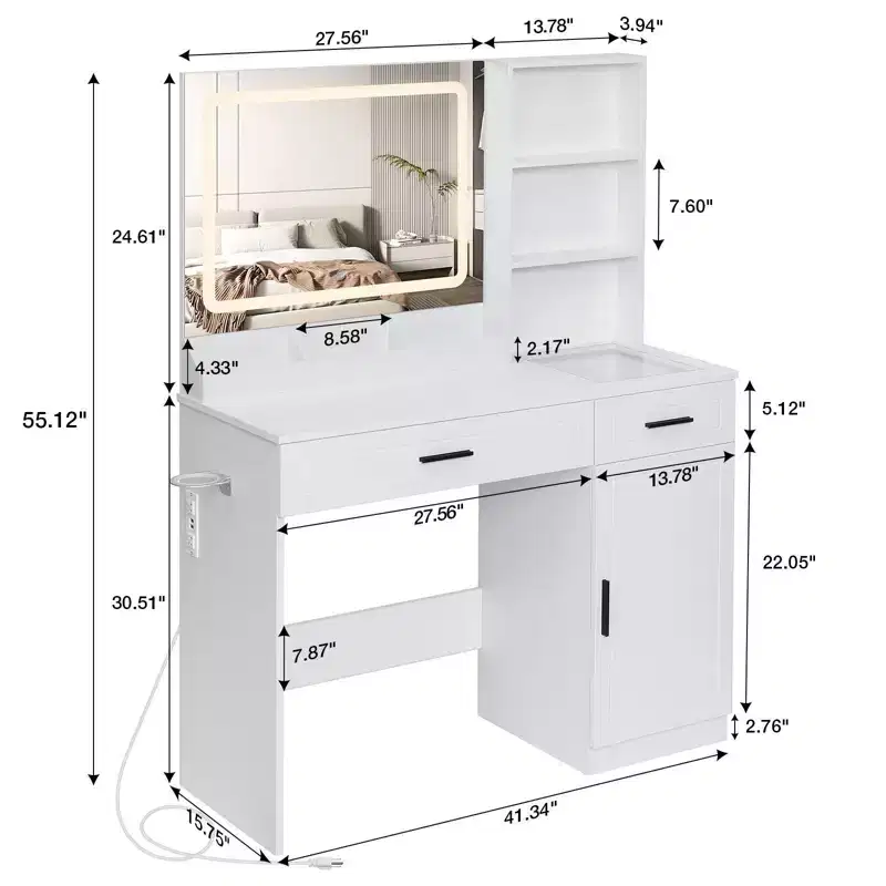 Makeup Desk Vanity with Charging Station and Storage Shelves White One Cabinet